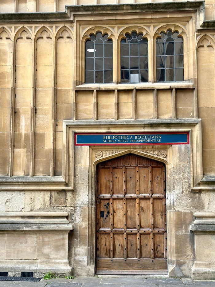 The historic entrance to the Bodleian Library showcases classic Oxford architecture.