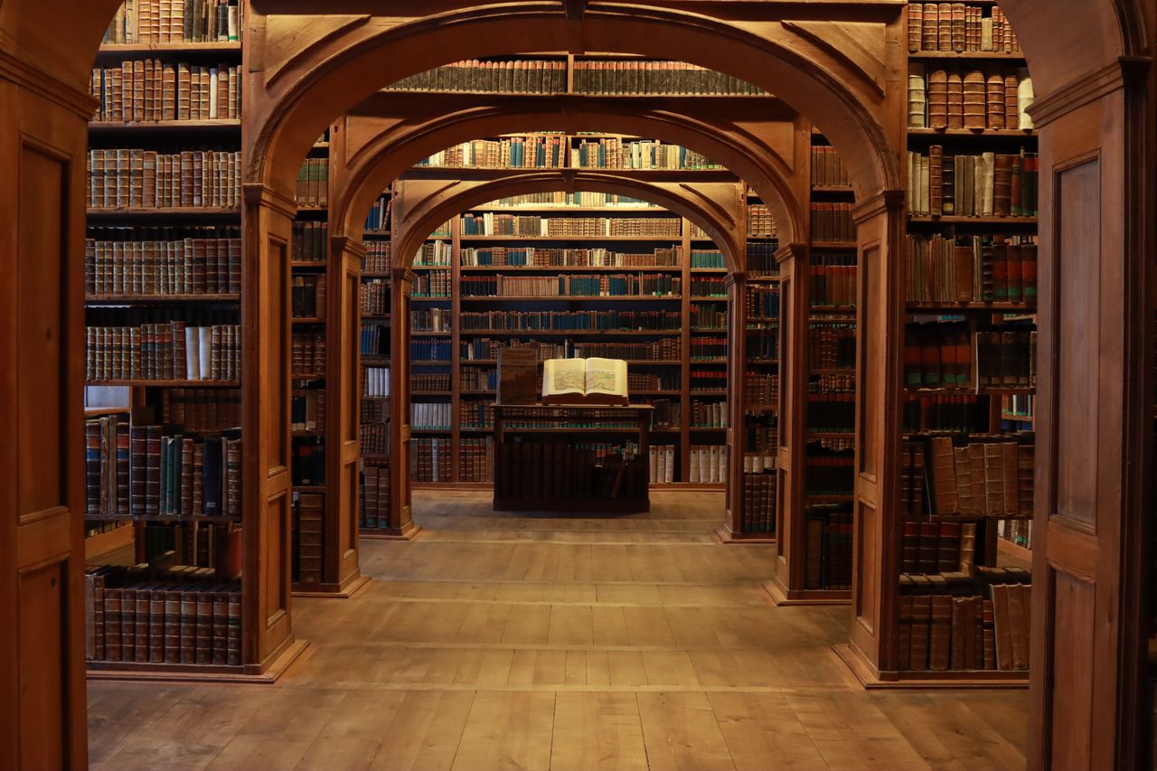 Elegant library with wooden arches and countless books, symbolizing knowledge and history.